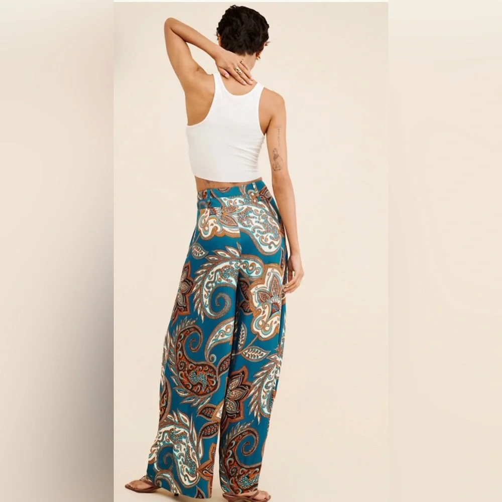 FARM Rio Teal & Brown Paisley Wide-Leg Palazzo Pants - Picture 3 of 13
